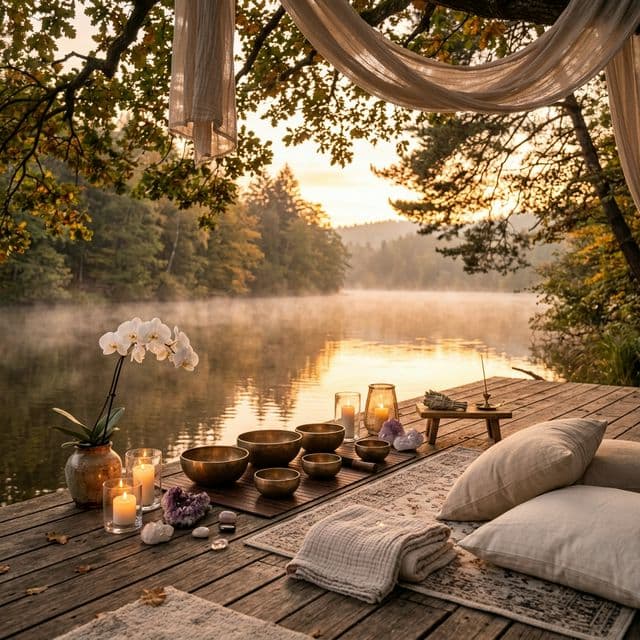 Serene sound healing retreat by lakeside